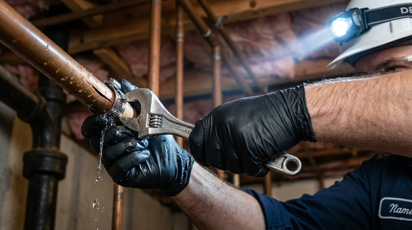Emergency pipe clamp repair being performed by a Johns Plumbing LLC plumber in Lake City