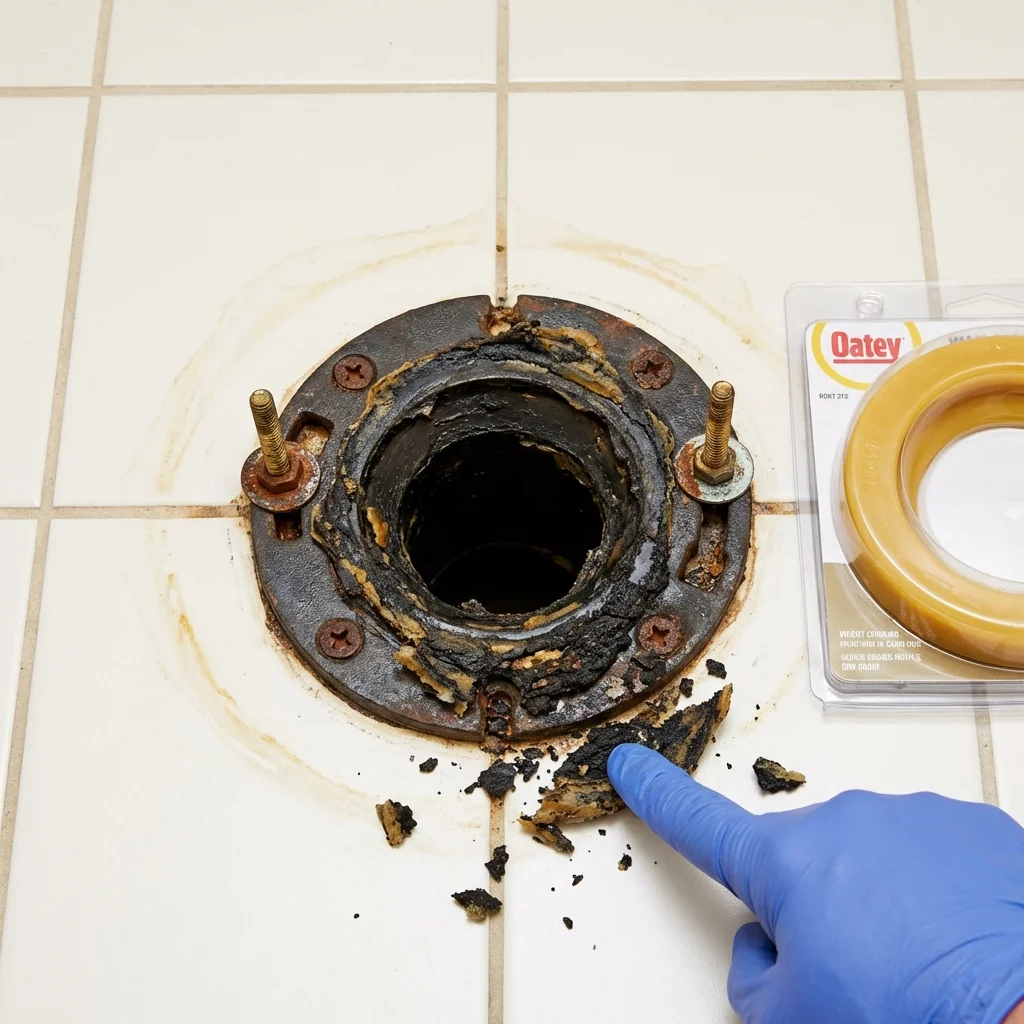 Failed wax ring showing water seepage at the base of a toilet in a Lake City, AR home