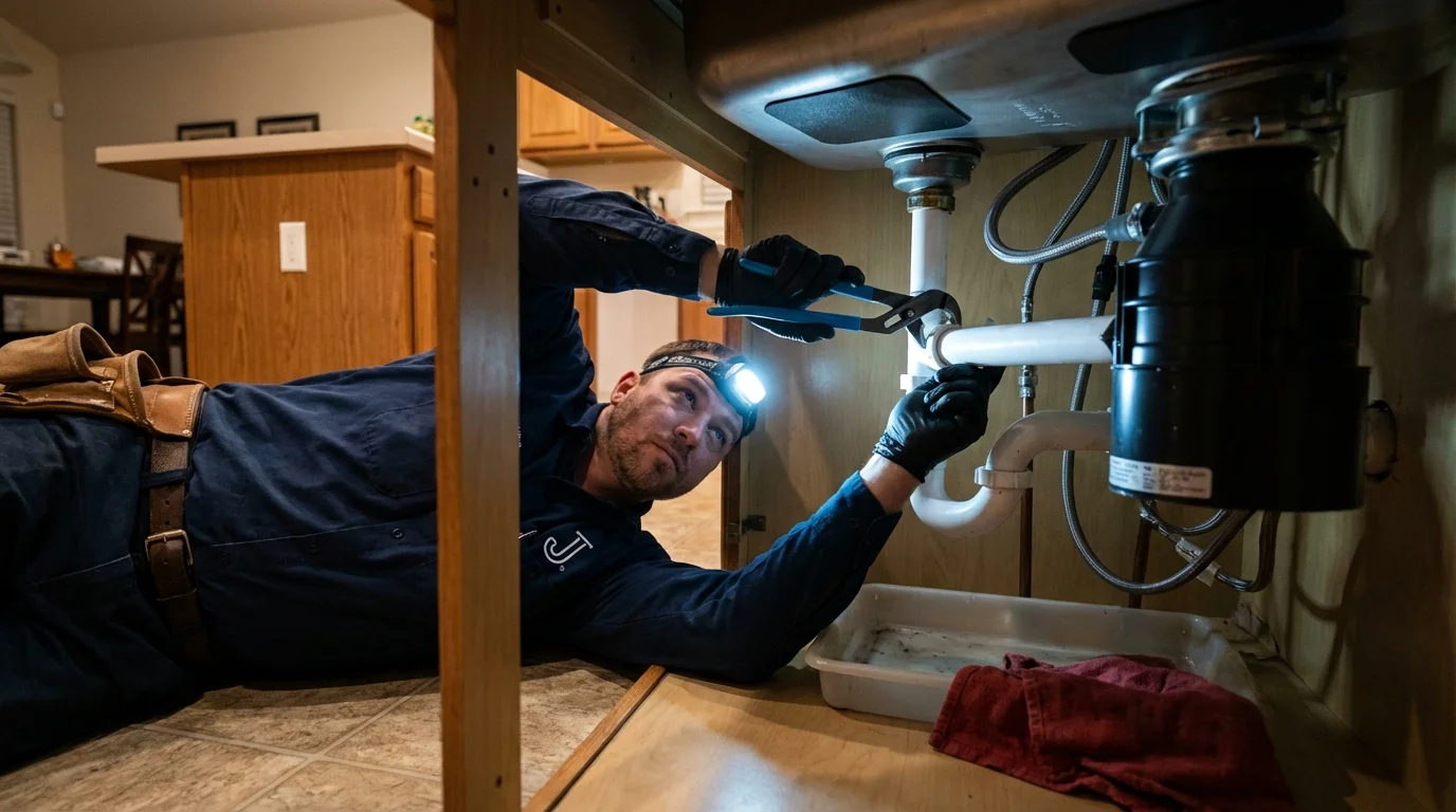 P-trap and supply line connections under a kitchen sink showing a common leak point in Lake City, AR